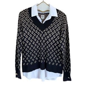 Anne Klein Sweater W/ Attached Blouse Gold Button Detail